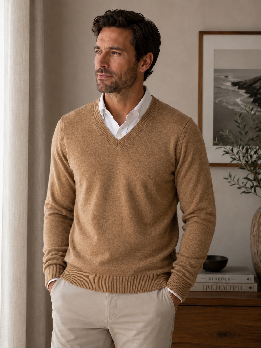 J.Crew‎ 100% Lambswool V Neck Sweater Small Camel Preppy Academia